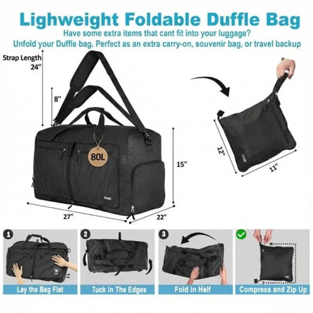 Large Travel Duffel Bag 80L Foldable Lightweight Waterproof Weekender Sports Bag